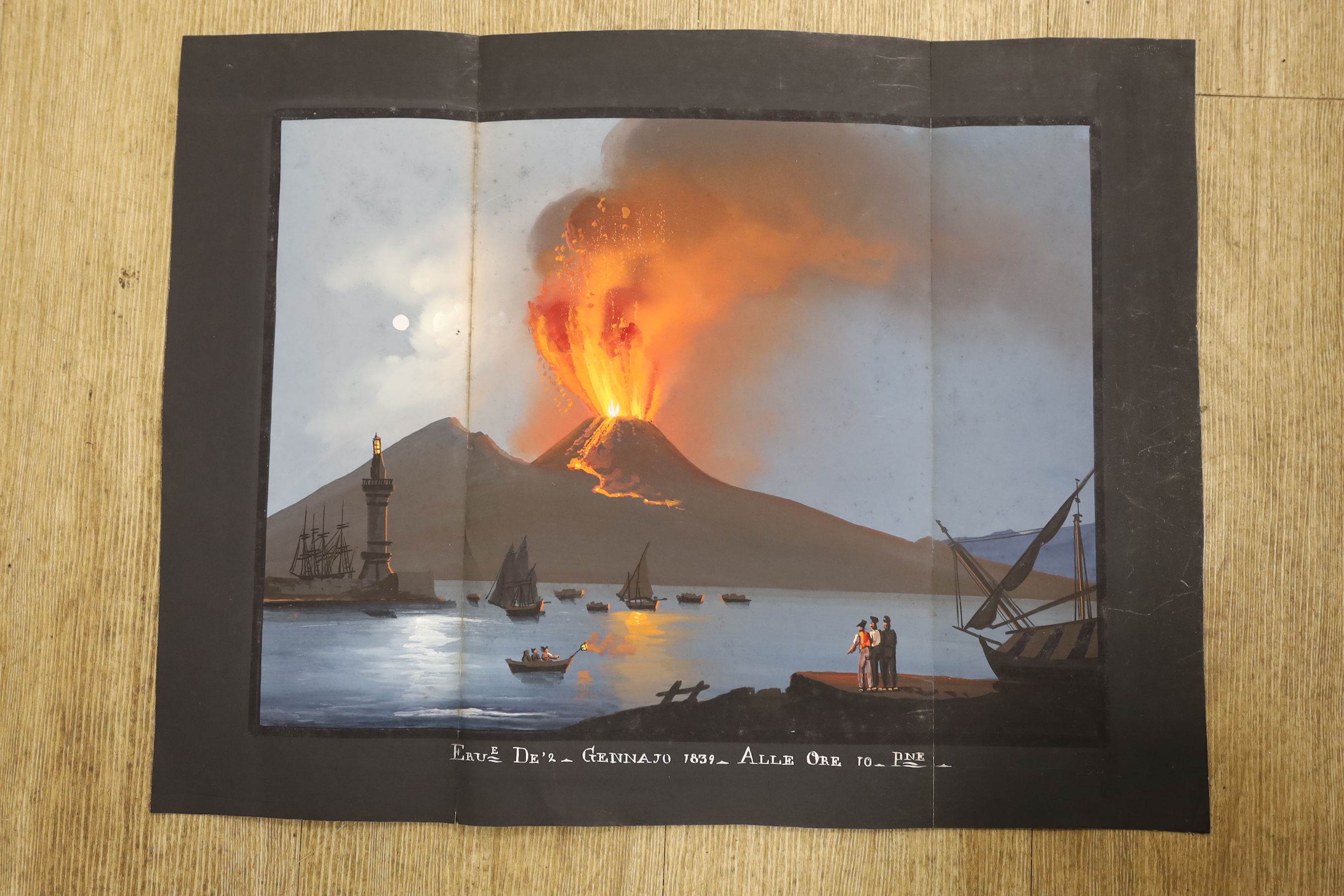 Neapolitan School, gouache, Eruption of Vesuvius, inscribed and dated 1839, unframed, 50 x 40cm